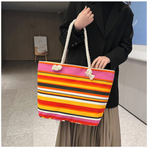 Bohemian Stripe Tote Bag, Large Capacity Shoulder Handbag with Zipper Closure